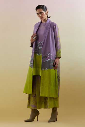 Clos_Purple Silk, Linen, Cotton High Neck, Shawl Gliss Printed Jacket Palazzo Set _at_Aza_Fashions