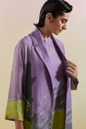 Buy_Clos_Purple Silk, Linen, Cotton High Neck, Shawl Gliss Printed Jacket Palazzo Set 