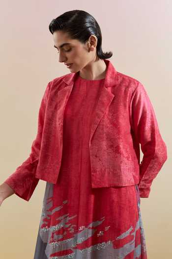 Clos_Pink Silk, Linen High , Open Gliss And Grey Jacket With Dress _Online_at_Aza_Fashions