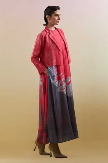 Buy_Clos_Pink Silk, Linen High , Open Gliss And Grey Jacket With Dress _Online_at_Aza_Fashions