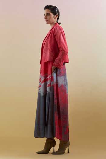 Shop_Clos_Pink Silk, Linen High , Open Gliss And Grey Jacket With Dress _Online_at_Aza_Fashions
