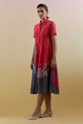 Clos_Pink Silk, Linen Collared Gliss And Grey Dress _Online_at_Aza_Fashions