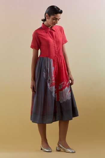 Buy_Clos_Pink Silk, Linen Collared Gliss And Grey Dress _Online_at_Aza_Fashions