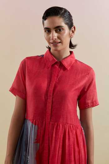 Shop_Clos_Pink Silk, Linen Collared Gliss And Grey Dress _Online_at_Aza_Fashions