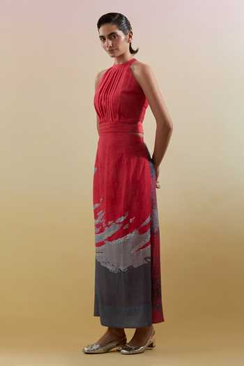 Clos_Pink Silk, Linen Halter Neck Gliss And Grey Dress _Online_at_Aza_Fashions