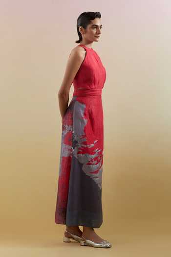 Buy_Clos_Pink Silk, Linen Halter Neck Gliss And Grey Dress _Online_at_Aza_Fashions