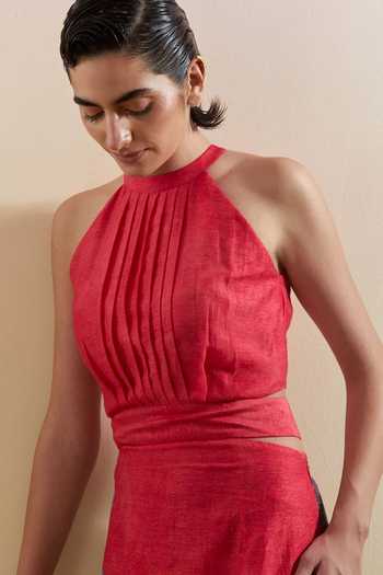 Shop_Clos_Pink Silk, Linen Halter Neck Gliss And Grey Dress _Online_at_Aza_Fashions