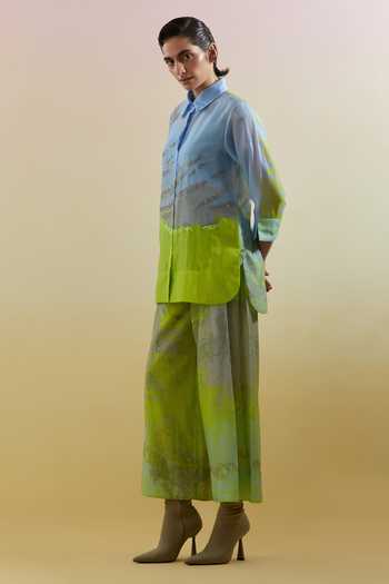 Clos Blue Silk, Linen, Cotton Collared, Yes Gliss Printed Kurta And Pant Set Online at Aza Fashions Clos_Blue Silk, Linen, Cotton Collared, Yes Gliss Printed Kurta And Pant Set _Online_at_Aza_Fashions