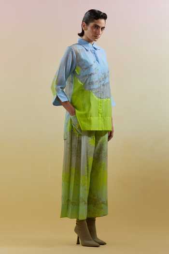 Buy Clos Blue Silk, Linen, Cotton Collared, Yes Gliss Printed Kurta And Pant Set Online at Aza Fashions Buy_Clos_Blue Silk, Linen, Cotton Collared, Yes Gliss Printed Kurta And Pant Set _Online_at_Aza_Fashions