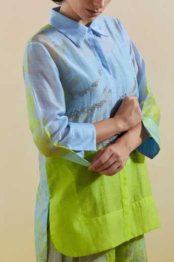 Shop Clos Blue Silk, Linen, Cotton Collared, Yes Gliss Printed Kurta And Pant Set Online at Aza Fashions Shop_Clos_Blue Silk, Linen, Cotton Collared, Yes Gliss Printed Kurta And Pant Set _Online_at_Aza_Fashions