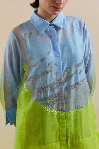Clos Blue Silk, Linen, Cotton Collared, Yes Gliss Printed Kurta And Pant Set at Aza Fashions Clos_Blue Silk, Linen, Cotton Collared, Yes Gliss Printed Kurta And Pant Set _at_Aza_Fashions