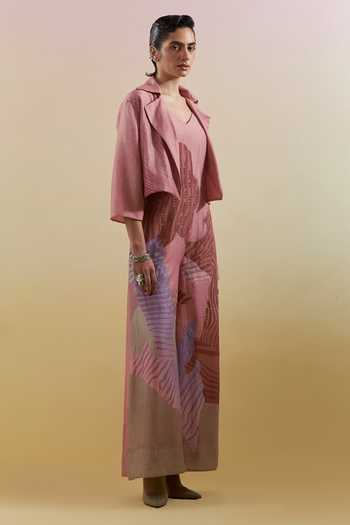 Clos_Pink Silk, Linen Open Neck Zaron Dusty And Grey Jumpsuit With Jacket _Online_at_Aza_Fashions