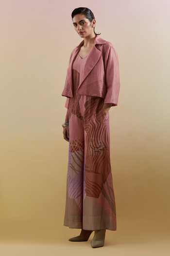 Buy_Clos_Pink Silk, Linen Open Neck Zaron Dusty And Grey Jumpsuit With Jacket _Online_at_Aza_Fashions