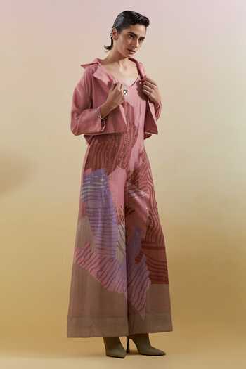 Shop_Clos_Pink Silk, Linen Open Neck Zaron Dusty And Grey Jumpsuit With Jacket _Online_at_Aza_Fashions