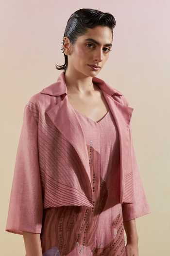 Clos_Pink Silk, Linen Open Neck Zaron Dusty And Grey Jumpsuit With Jacket _at_Aza_Fashions