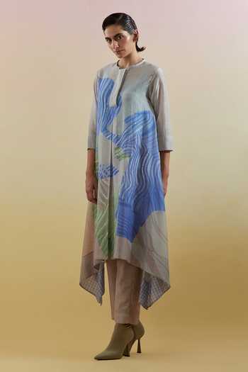 Buy_Clos_Blue Silk, Linen, Cotton Mandarin Collar Zaron Print Kurta Set _Online_at_Aza_Fashions