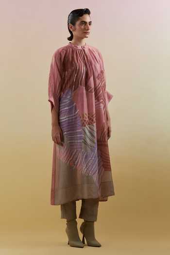 Buy_Clos_Pink Silk, Linen, Cotton Mandarin Collar, Yes Zaron Print Kurta Set _Online_at_Aza_Fashions