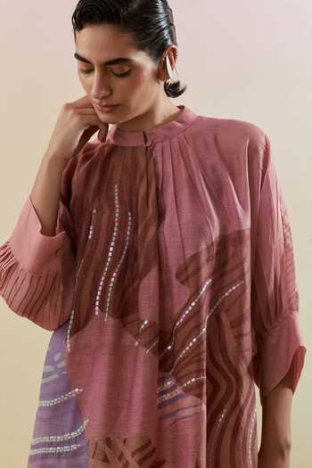 Shop_Clos_Pink Silk, Linen, Cotton Mandarin Collar, Yes Zaron Print Kurta Set _Online_at_Aza_Fashions