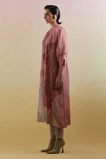 Clos_Pink Silk, Linen, Cotton Mandarin Collar, Yes Zaron Print Kurta Set _at_Aza_Fashions