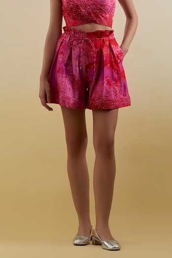 Shop_Clos_Red Silk, Dupion V-neck Gliss Lush Print Bustier And Shorts Set _Online_at_Aza_Fashions