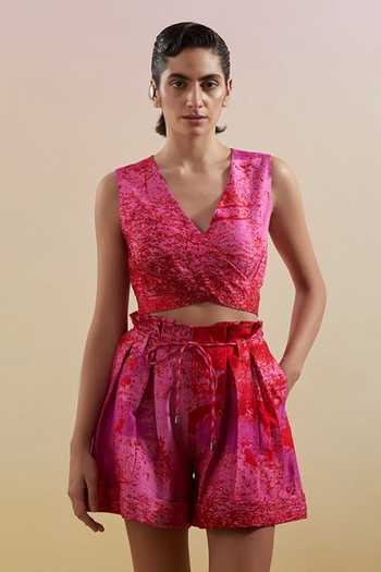 Clos_Red Silk, Dupion V-neck Gliss Lush Print Bustier And Shorts Set _at_Aza_Fashions