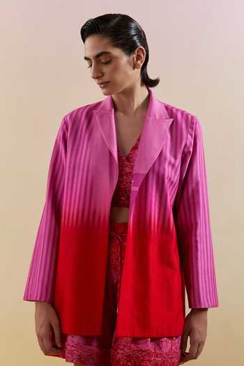 Buy_Clos_Pink Silk, Dupion V-neck Gliss Print Blazer Shorts Set 