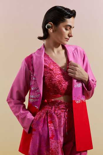 Shop_Clos_Pink Silk, Dupion V-neck Gliss Print Blazer Shorts Set 