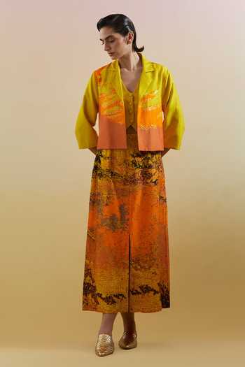 Clos_Yellow Dupion V-, Open Gliss Printed Jacket Skirt Set _Online_at_Aza_Fashions