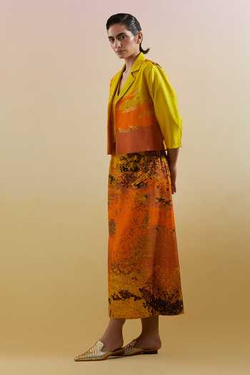 Buy_Clos_Yellow Dupion V-, Open Gliss Printed Jacket Skirt Set _Online_at_Aza_Fashions