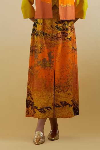 Shop_Clos_Yellow Dupion V-, Open Gliss Printed Jacket Skirt Set _Online_at_Aza_Fashions