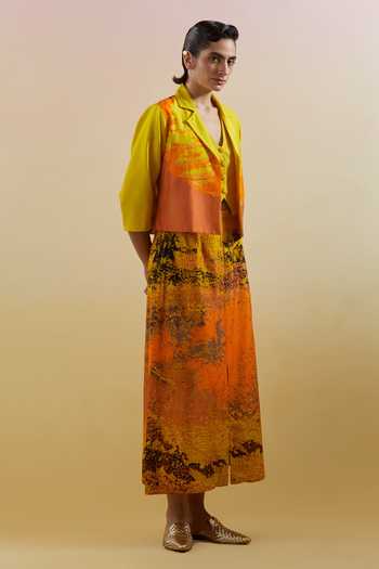 Clos_Yellow Dupion V-, Open Gliss Printed Jacket Skirt Set _at_Aza_Fashions