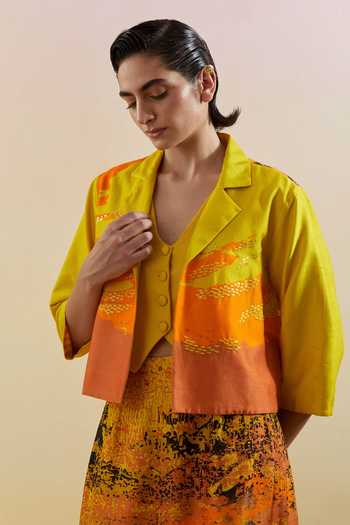 Buy_Clos_Yellow Dupion V-, Open Gliss Printed Jacket Skirt Set 