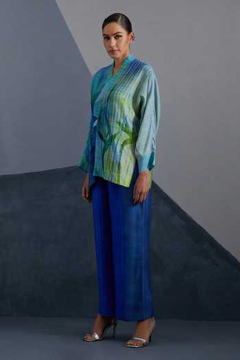 Clos_Blue Silk, Dupion Shawl Neck Cascade Oceanic Teal Jacket And Pant Set _Online_at_Aza_Fashions