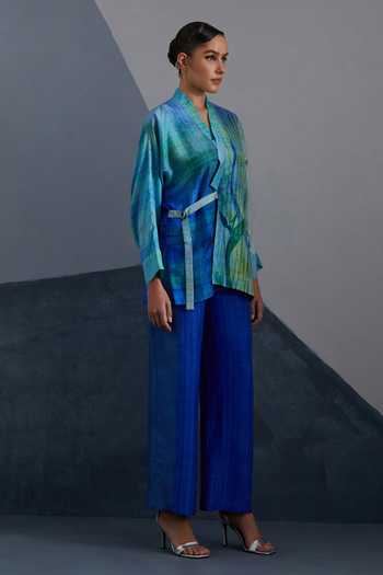Buy_Clos_Blue Silk, Dupion Shawl Neck Cascade Oceanic Teal Jacket And Pant Set _Online_at_Aza_Fashions