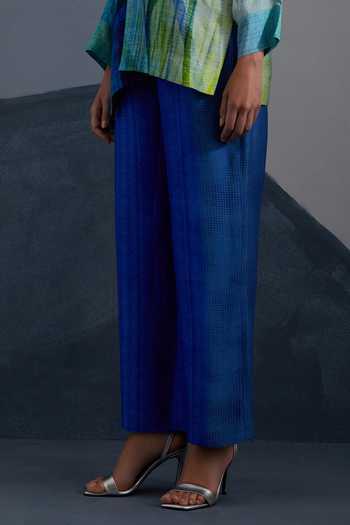 Shop_Clos_Blue Silk, Dupion Shawl Neck Cascade Oceanic Teal Jacket And Pant Set _Online_at_Aza_Fashions