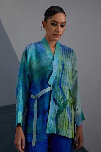 Clos_Blue Silk, Dupion Shawl Neck Cascade Oceanic Teal Jacket And Pant Set _at_Aza_Fashions