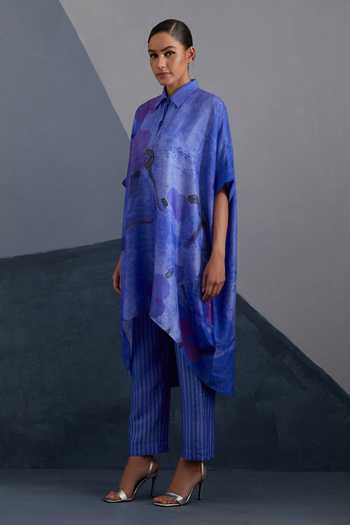 Buy Clos Cobalt Silk, Dupion Collared Vineyard Print Kaftan With Pant Online at Aza Fashions Buy_Clos_Cobalt Silk, Dupion Collared Vineyard Print Kaftan With Pant _Online_at_Aza_Fashions