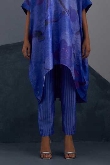 Clos Cobalt Silk, Dupion Collared Vineyard Print Kaftan With Pant at Aza Fashions Clos_Cobalt Silk, Dupion Collared Vineyard Print Kaftan With Pant _at_Aza_Fashions