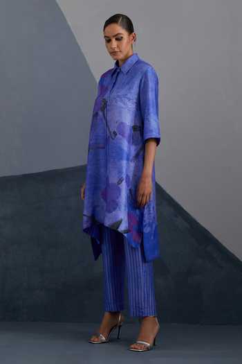 Buy_Clos_Cobalt Silk, Dupion Collared Vineyard Blue Kurta And Pant Set _Online_at_Aza_Fashions