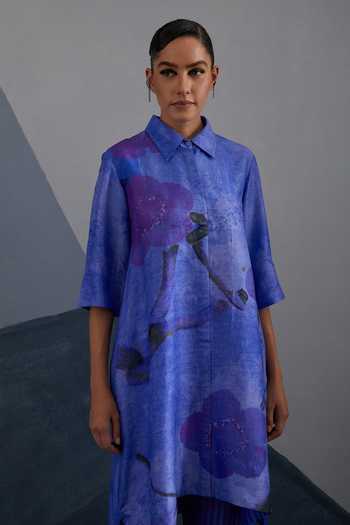 Shop_Clos_Cobalt Silk, Dupion Collared Vineyard Blue Kurta And Pant Set _Online_at_Aza_Fashions