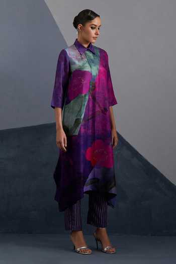 Clos_Pink Dupion, Silk Collared, Yes Vineyard Print Kurta And Pant Set _Online_at_Aza_Fashions