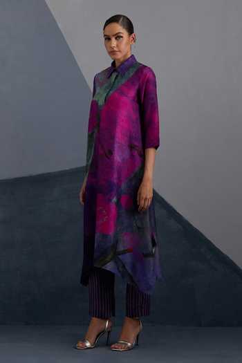 Buy_Clos_Pink Dupion, Silk Collared, Yes Vineyard Print Kurta And Pant Set _Online_at_Aza_Fashions
