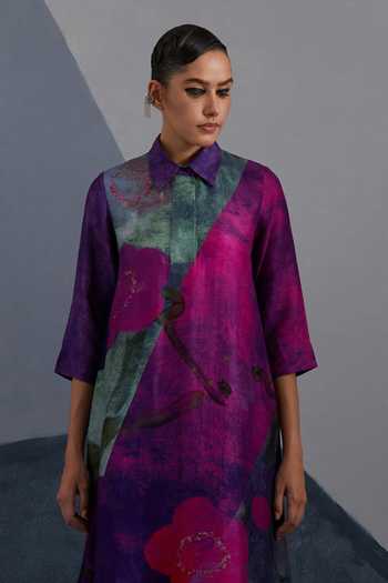 Shop_Clos_Pink Dupion, Silk Collared, Yes Vineyard Print Kurta And Pant Set _Online_at_Aza_Fashions