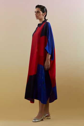 Clos Blue Silk, Dupion Collared Zenith Navy And Red Kaftan Online at Aza Fashions Clos_Blue Silk, Dupion Collared Zenith Navy And Red Kaftan _Online_at_Aza_Fashions