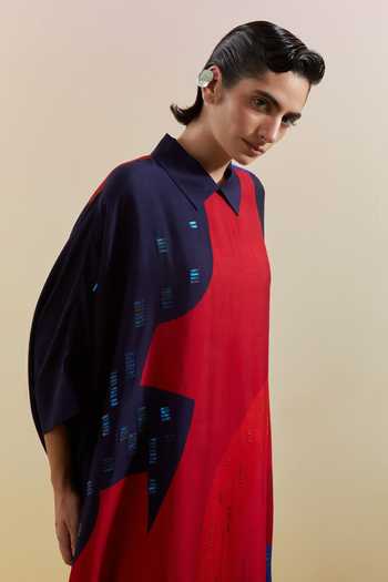 Shop Clos Blue Silk, Dupion Collared Zenith Navy And Red Kaftan Online at Aza Fashions Shop_Clos_Blue Silk, Dupion Collared Zenith Navy And Red Kaftan _Online_at_Aza_Fashions