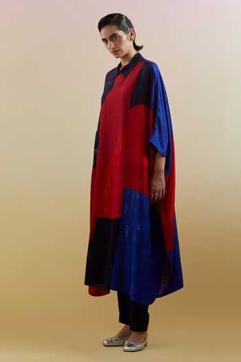 Clos Blue Silk, Dupion Collared Zenith Print Kaftan And Pant Set at Aza Fashions Clos_Blue Silk, Dupion Collared Zenith Print Kaftan And Pant Set _at_Aza_Fashions