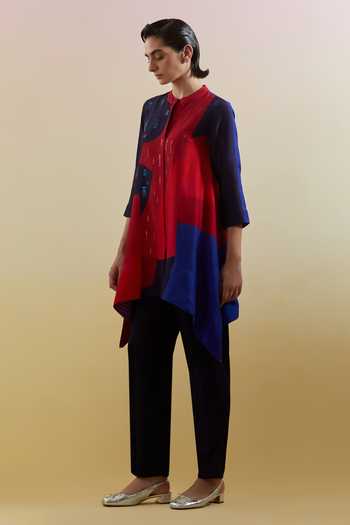 Buy_Clos_Blue Dupion, Silk Band Collar Zenith Print Shirt And Pant Set _Online_at_Aza_Fashions