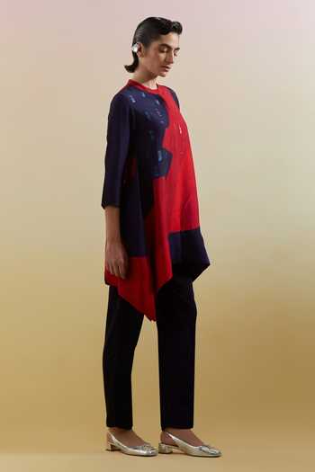 Shop_Clos_Blue Dupion, Silk Band Collar Zenith Print Shirt And Pant Set _Online_at_Aza_Fashions
