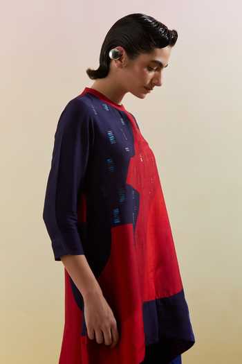 Clos_Blue Dupion, Silk Band Collar Zenith Print Shirt And Pant Set _at_Aza_Fashions
