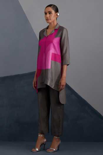 Clos_Grey Silk, Dupion V-neck, Collared Zenith Print Shirt And Pant Set _Online_at_Aza_Fashions